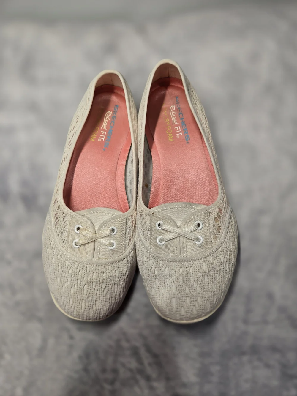 Skechers Beige Crochet Slip-On Flats with Pink Insole